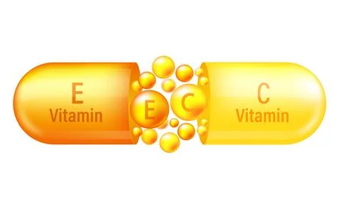 Vitamin complex A and E. Yelllow capsule with vitamin A and E on white Stock Illustration