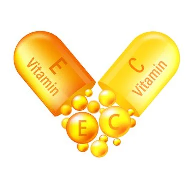 Vitamin complex A and E. Yelllow capsule with vitamin A and E on white 库存插图