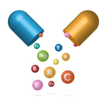 Vitamin complex of pill capsule, Essential vitamin and mineral complex Stock Illustration