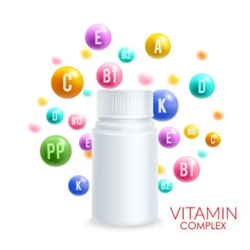 Vitamin complex pills vector 3D plastic bottle Stock Illustration