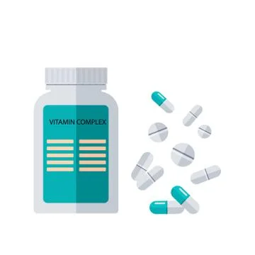Vitamin complex, plastic bottle and pills, capsules isolated on white background Stock Illustration