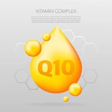 Vitamin complex Q10 with realistic drop on gray background. Particles of vita Stockillustratie