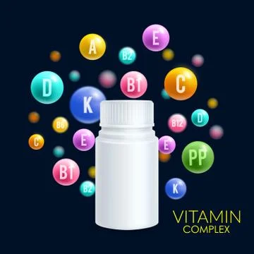 Vitamin complex vector 3D plastic bottle pills Stock Illustration