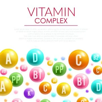 Vitamin complex vector poster mineral bubble pills Stock Illustration