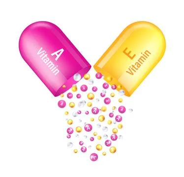 Vitamin complex. Vitamin A, E in capsule. Vector illustration on white Ilustración de archivo
