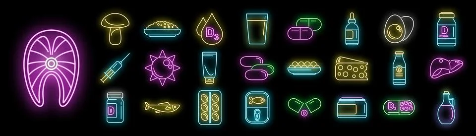Vitamin D icons set vector neon Stock Illustration