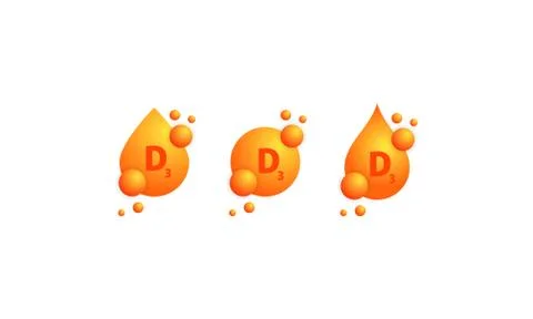 Vitamin D3 icon set. Shining golden drop of substance. Beauty treatment Stock Illustration