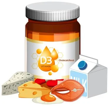 Vitamin D3 Supplement Bottle with Dairy and Fish Sources Stock Illustration
