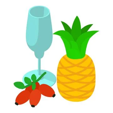 Vitamin drink icon isometric vector. Stemmed glass red rose hip and pineapple Stock Illustration