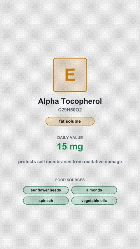 Vitamin E Alpha Tocopherol Labeled Nutrition Card Alpha 4K Vertical 9x16 Light Vídeo Stock 339519483