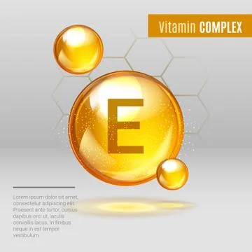 Vitamin E gold shining pill capcule icon . Vitamin complex with Chemical formula Stock Illustration