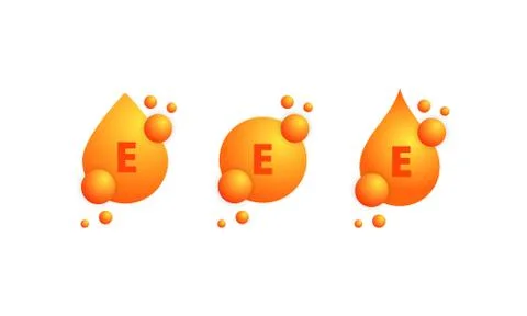 Vitamin E icon set. Shining golden drop of substance. Beauty treatment nutrition Stock Illustration