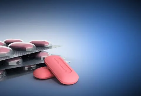 Vitamin pills 3d render on blue background Stock Illustration