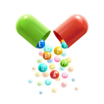 Vitamin pills vector 3D capsule poster Stock Illustration