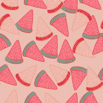 Vitamin random seamless pattern with simple watermelon slices shapes. Pink li Illustrazione stock