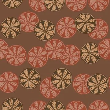 Vitamin seamless pattern with abstract vintage citrus slices shapes. Brown ba Stock Illustration