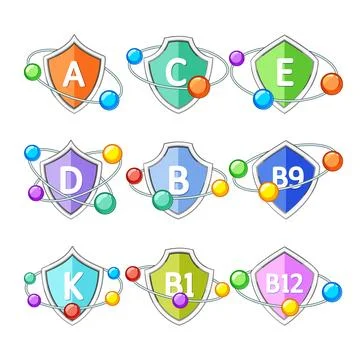 Vitamin shield set cartoon vector illustration Ilustración de archivo