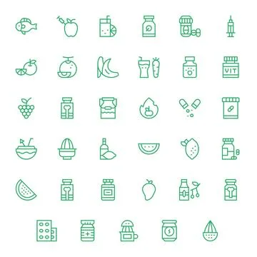 Vitamin Visual Pack containing 35 Regular Line PIXEL Perfect Vector Icons Stock Illustration