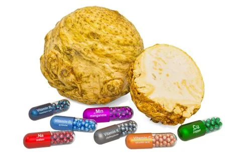 Vitamins and minerals of celery root, 3D rendering Stock Illustration