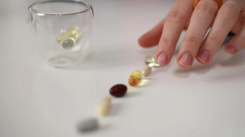 Vitamins arranged on table next to a glass for daily wellness routine Stock Footage 299591802
