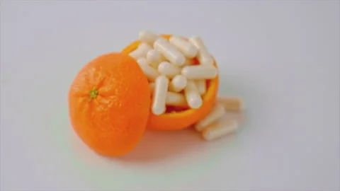 Vitamins C with oranges on a white background. Selective focus. Stock Footage 170711374