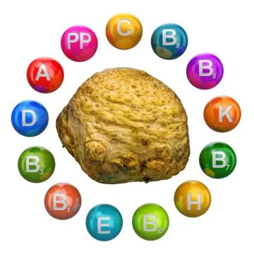Vitamins in celery root, 3D rendering Stock Illustration