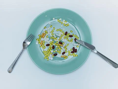 Vitamins D, E, zinc, C, fish oil on a green plate with a fork and a knife on a Stock Photos