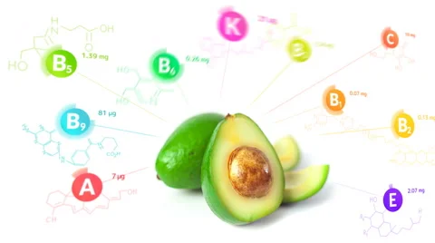 Vitamins fly out of the avocado with the formulas and nutrition facts Stock Footage 63127399