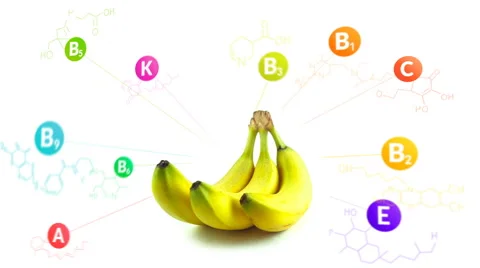 Vitamins fly out of the bananas with the formulas and nutrition facts Stock Footage 63471440