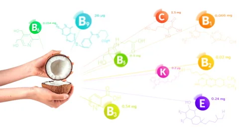 Vitamins fly out of the broken coconut when the arms opens it Stock Footage 63742481