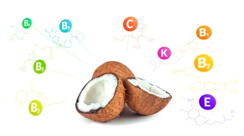 Vitamins fly out of the broken coconut with the formulas and nutrition facts Stock Footage 63763918