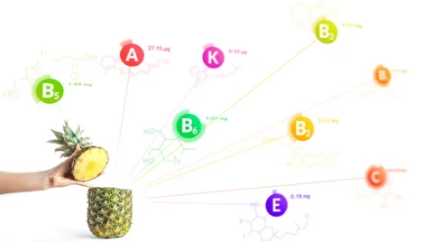 Vitamins fly out of the pineapple with the formulas and nutrition facts Stock Footage 62983196
