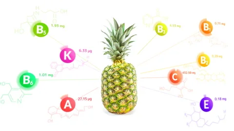 Vitamins fly out of the pineapple with the formulas and nutrition facts Stock Footage 62987097