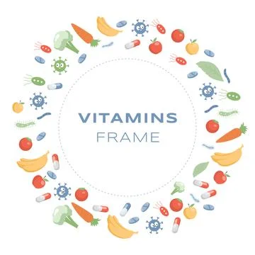 Vitamins round frame vector flat cartoon illustration. Supplements and minerals Stock Illustration