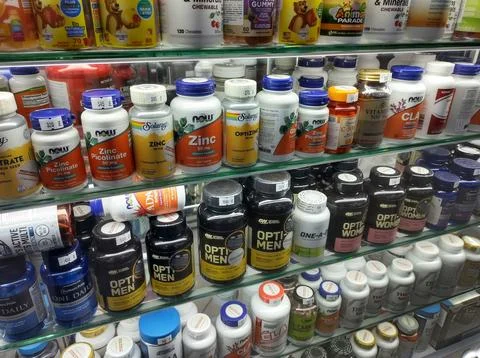 Vitamins in tablets on display May 19, Ukraine, Lviv Stock Photos