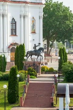 Vitebsk, Belarus. Bronze equestrian statue of Prince Algirdas with a falcon.. Stock Photos