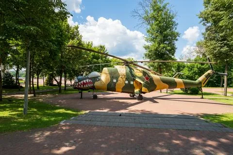 Vitebsk, Belarus. A Soviet Mil Mi-24 attack helicopter, painted in green an.. Stock Photos
