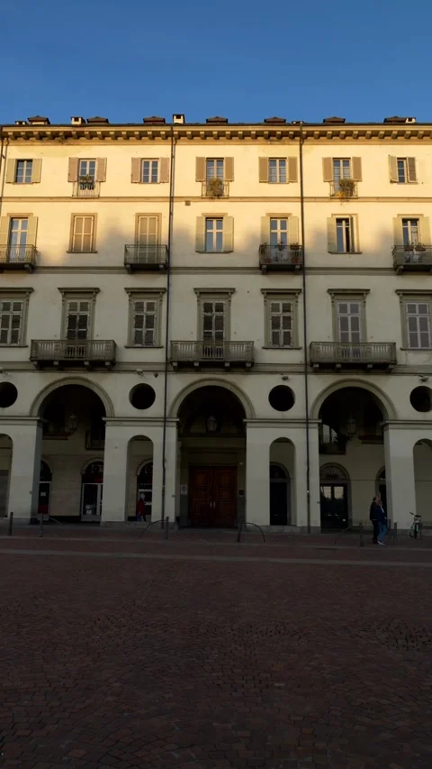 Vittorio square' s building facade at sunset. City of Turin. Vertical video 스톡 동영상 307303550