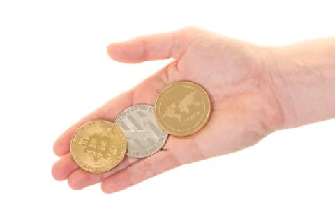 Vitual cryptocurrency in hand Stock Photos