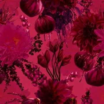 Viva magenta seamless pattern. trendy color 2023. red flowers, berries and figs. Stock Illustration