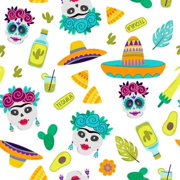 Viva Mexico seamless pattern. Cinco de Mayo. Skull, sombrero, tequila, cactus Stock Illustration