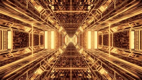 A vivid abstract psychedelic corridor pattern for background with gold and br Illustrazione stock