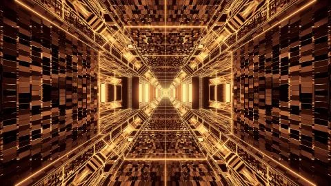 A vivid abstract psychedelic corridor pattern for background with gold and br Illustrazione stock
