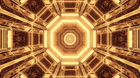 A vivid abstract psychedelic octagon corridor pattern for background with gol Stock Illustration