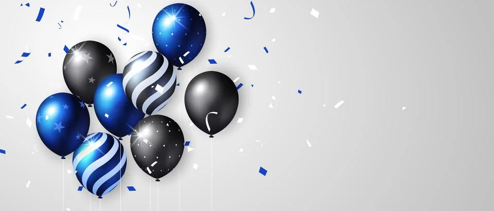 Vivid blue black strip star dot pattern ballon and ribbon Happy Birthday cele Stock Illustration
