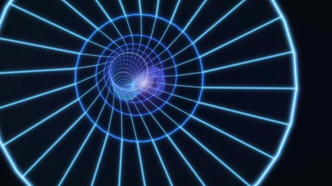 Vivid blue tunnel with lines and glowing patterns in dark space Stock Footage 337301751
