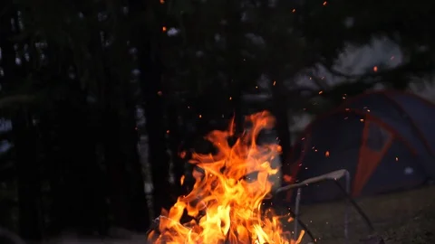 Vivid burning bonfire close up at evening. Slow motion, 180fps. Fire burning on Stock Footage 95572818