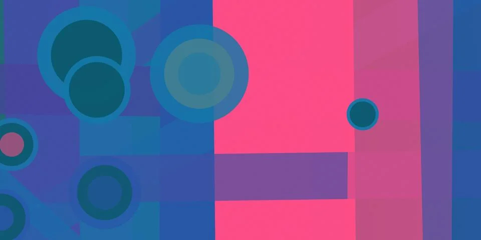 Vivid circles, blocks, and translucent panels create an energetic abstract .. Stock Illustration