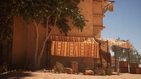 Vivid cloth stall featuring patterned awning and layered rugs Stock Footage 331521719