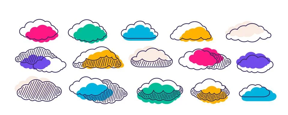 Vivid clouds set with lines, striped structures. Unique vibrant cloud for Ilustração Stock